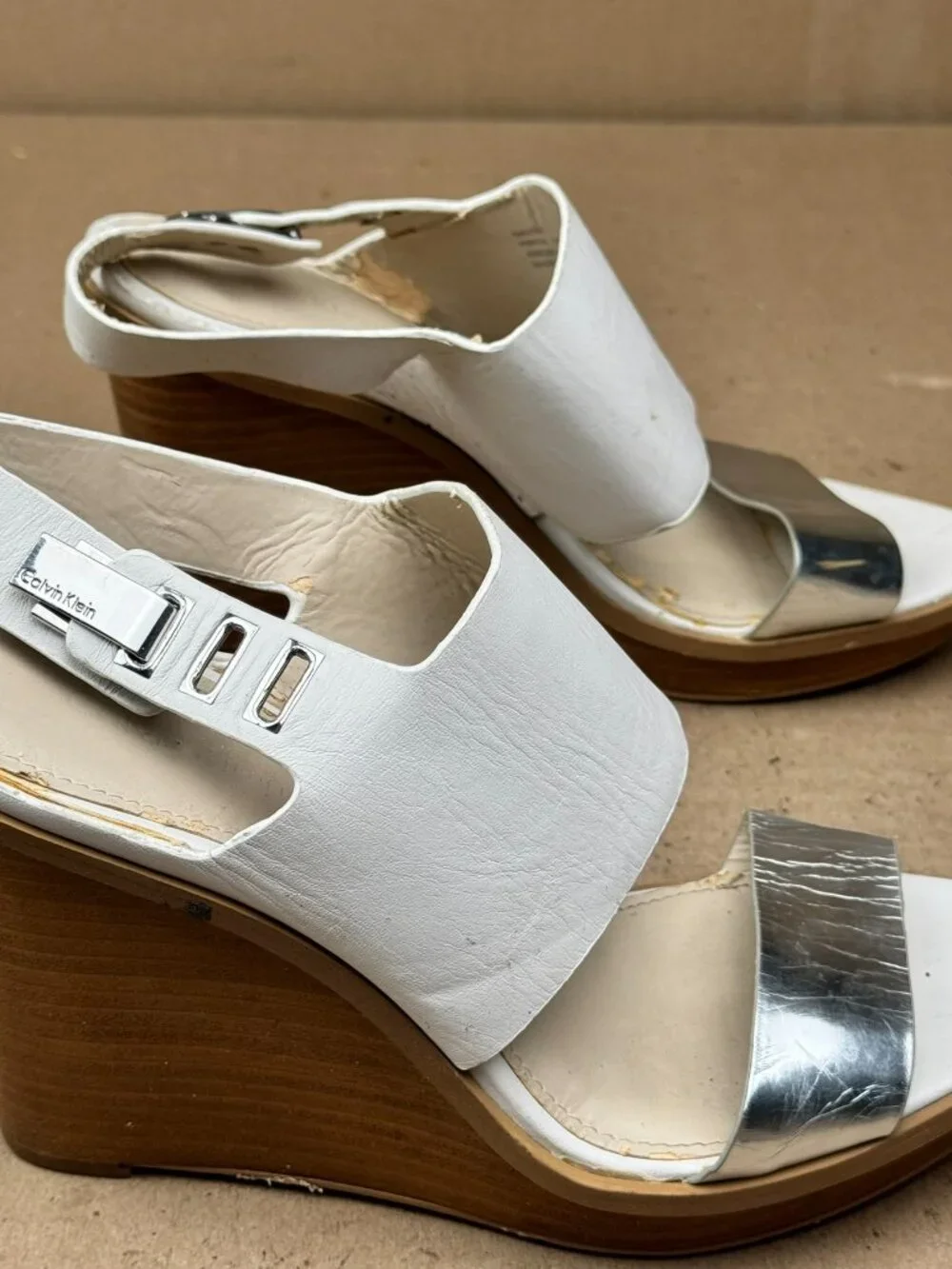 Calvin Klein Women's Size 7M White Silver Perdita Slingback Wedge Sandals damage